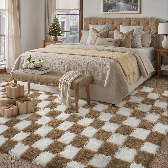 Brown Area Rug 5x8 for Living Room Soft Checkered Shag Carpet | Machine Washable - Image 5