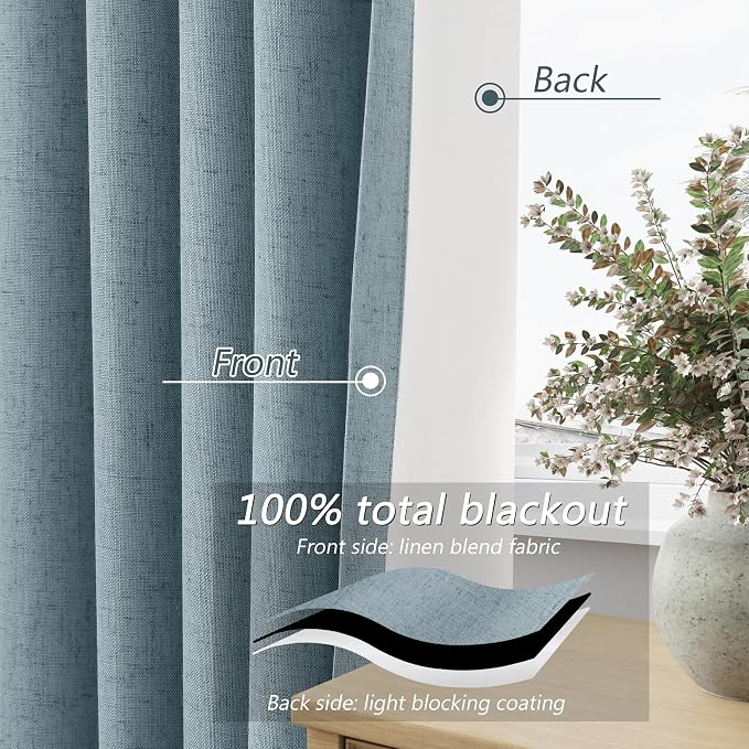 Blue 100% Blackout Linen Curtains 63 Inch Length 2 Panels Set - Image 4