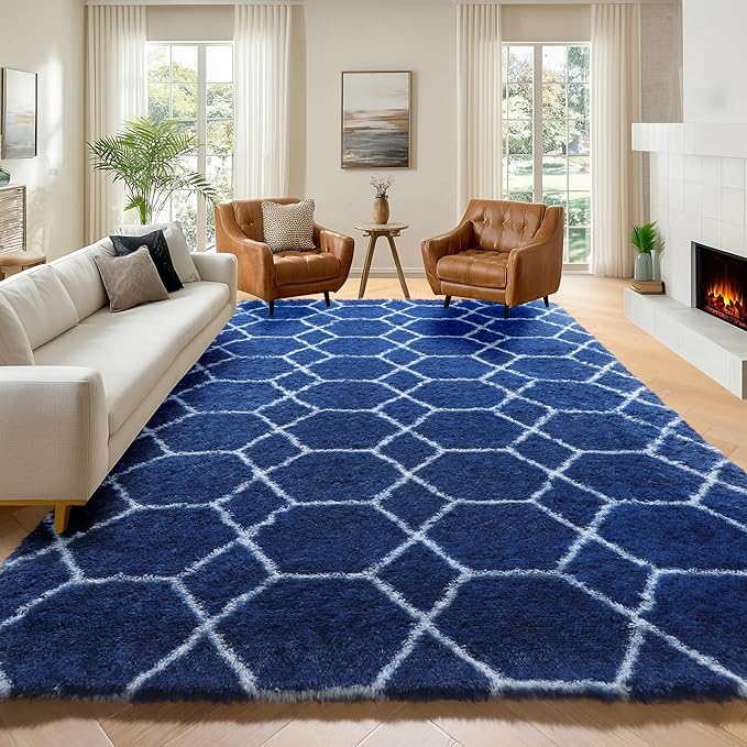 Geometric Area Rugs 5x8 for Living Room, Fluffy Moroccan Navy and White Rug for - Image 5