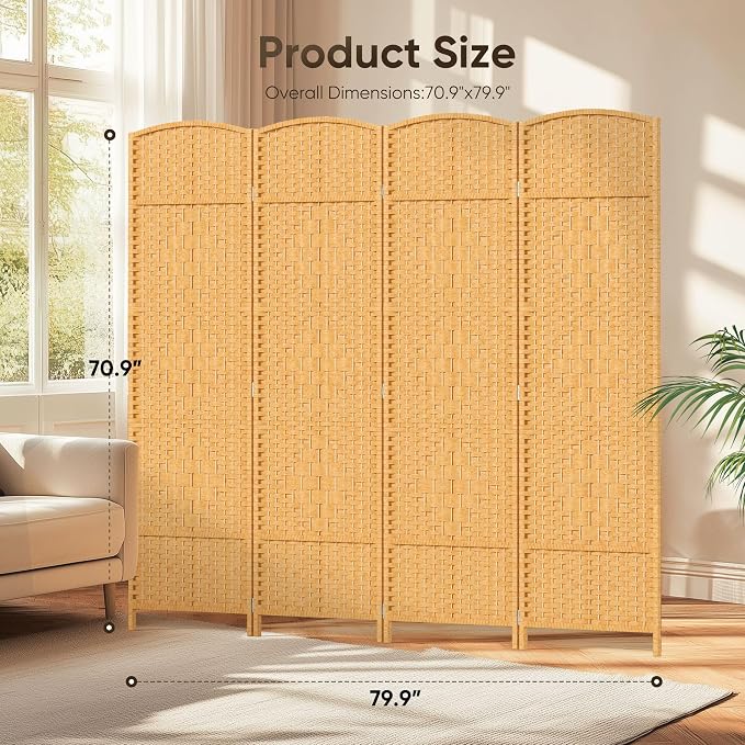Rattan Room Divider, 4-Panel Folding Privacy Screen 6ft. Extra Wide | Room - Image 2