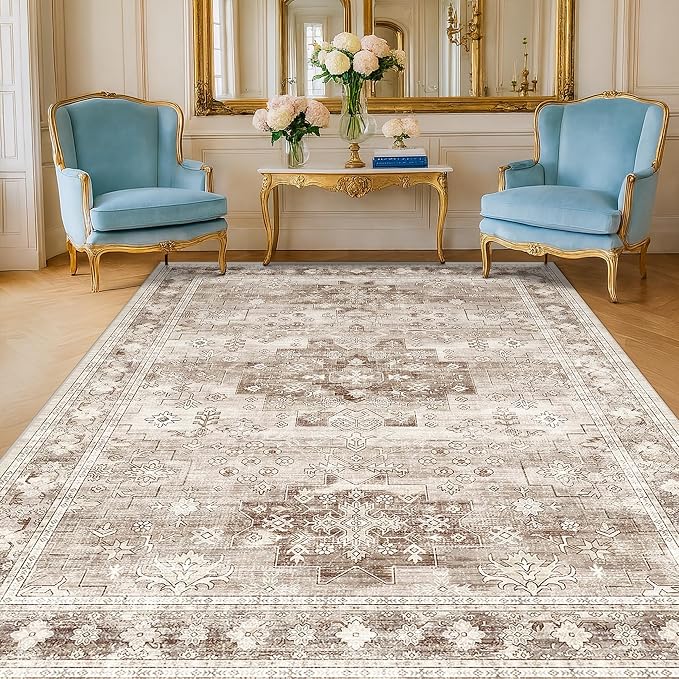 Washable Neutral Farmhouse Living Room Rug, 5x8 Area Rugs by HazoHaus