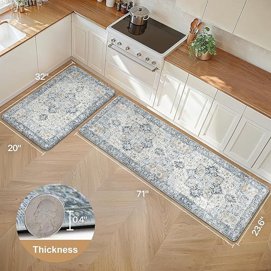 GENIMO Kitchen Mats for Floor 2PCs, Washable Anti Fatigue Mat for Cushioned, 23.6"x71"+20" x 32", Waterproof Kitchen Rugs, Non Slip Comfort Standing Mat Rug for Home, Sink, Laundry, Light Blue