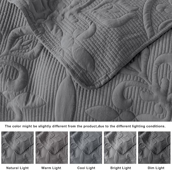 Dark Grey Damask Quilt Queen Size Bedding Sets - Image 8