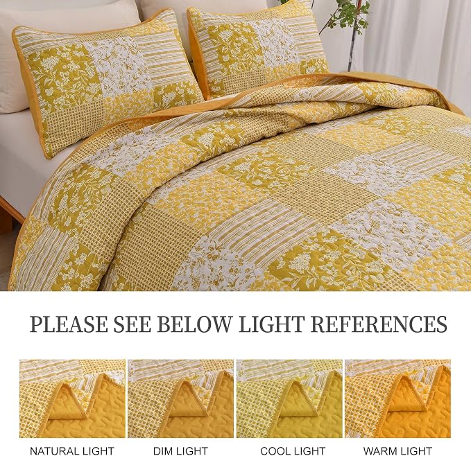 Mybedsoul Yellow Boho Quilt Set King Size, 3 Pieces Plaid Floral Bedspread - Image 7