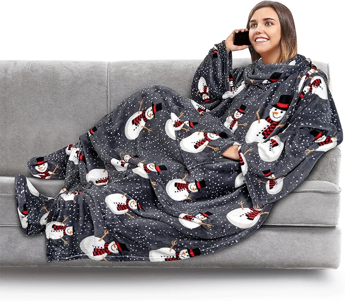 PAVILIA Fleece Blanket with Sleeves, Foot Pockets for Women Men Adults, Plush Wearable Blanket Throw Wrap, Warm Snuggle Blanket Robe, Cozy Gift Ideas Wife Mom, Snowman Gray