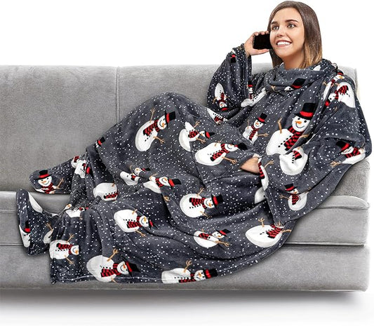 PAVILIA Fleece Blanket with Sleeves, Foot Pockets for Women Men Adults, Plush Wearable Blanket Throw Wrap, Warm Snuggle Blanket Robe, Cozy Gift Ideas Wife Mom, Snowman Gray