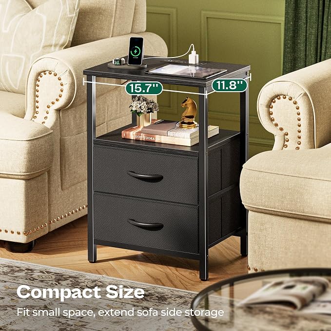 Huuger Night Stand with Charger Station and LED Lights, 2 Drawer Nightstand | - Image 8