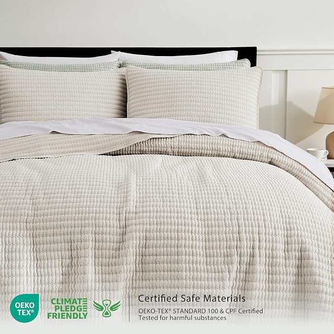 Beige Pick Stitch Oversized King Size Quilt Set, California King Striped - Image 2