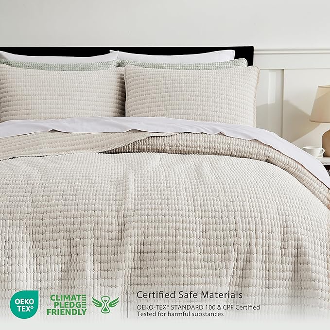 WDCOZY Beige Pick Stitch King Size Quilt Set, Striped Lightweight Soft Summer - Image 2
