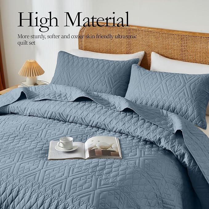akkialla Twin Size Quilt Bedding Set, Dusty Blue Lightweight Microfiber Soft - Image 3