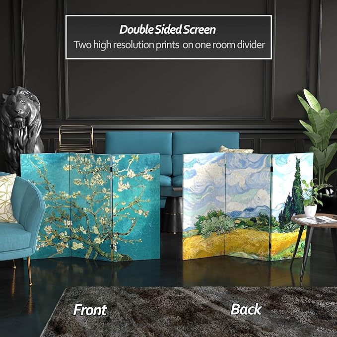Red Lantern Double Sided Works of Van Gogh Canvas Folding Screen - Image 2