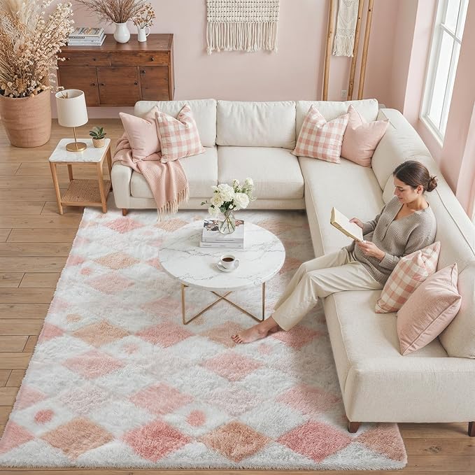 Pink 6x9 Area Rug for Living Room Soft Checkered Shag Carpet | Machine Washable by PureCozy