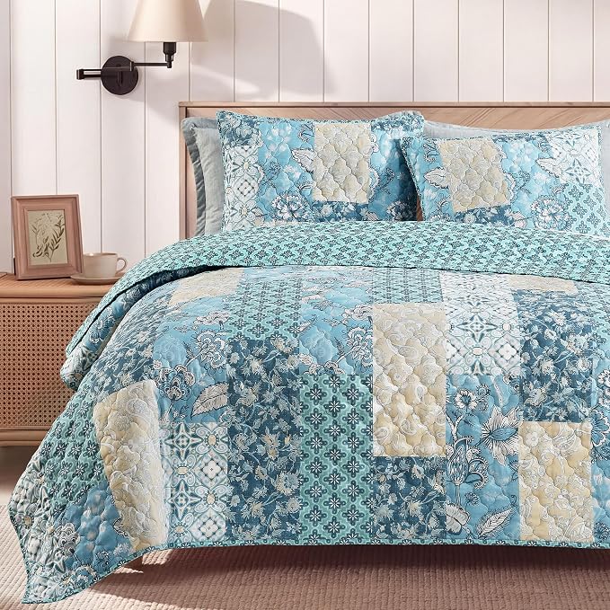 Queen Quilt Set-3 Pieces Soft Bedding Lightweight Floral Patchwork Coverlet | by BLOOMHAVEN