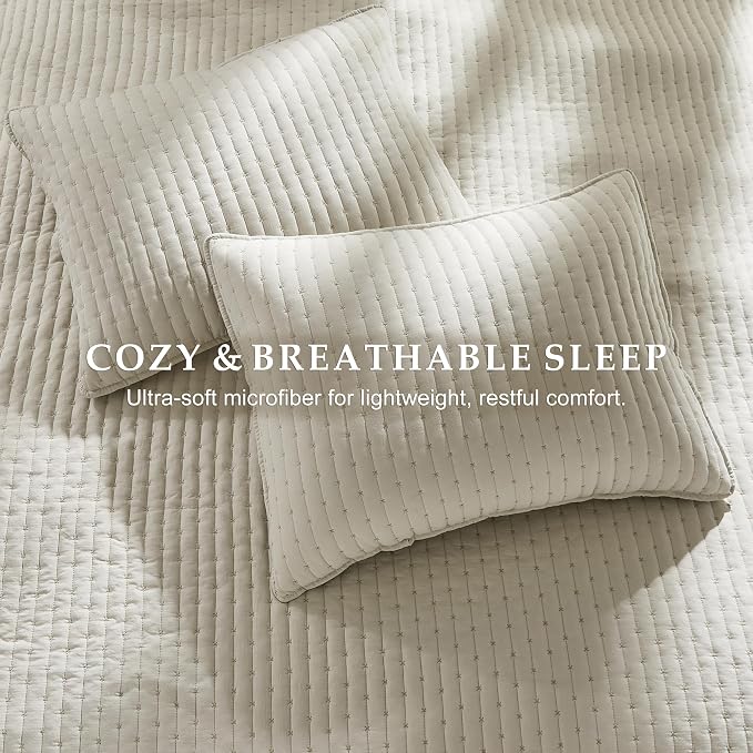 WDCOZY Beige Cross Stitch Twin Size Quilt Set, Netural Striped Lightweight Soft - Image 7