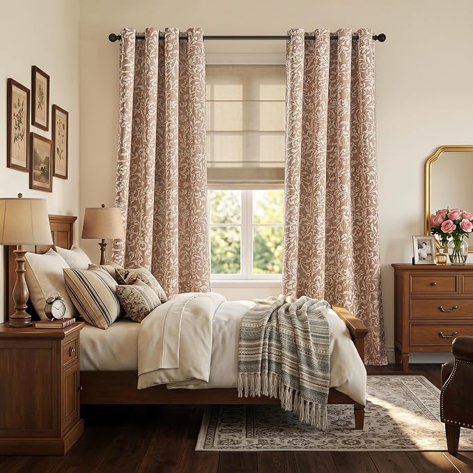 jinchan Taupe Floral Blackout Curtians 84 Inch Vintage Grommet 2 Panels | Room - Image 6