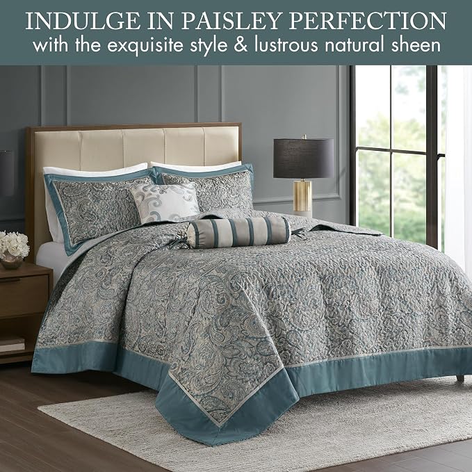 Madison Park Reversible Jacquard Quilted King Bedspread Set Teal, All-Season - Image 2