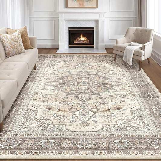 12x18 Rug Living Room: Washable Boho Large Neutral Vintage Soft Rugs Stain Resistant Farmhouse Non-Slip Indoor Floor Carpet for Bedroom Nursery Kids Playroom Office Dining Room- Beige Brown