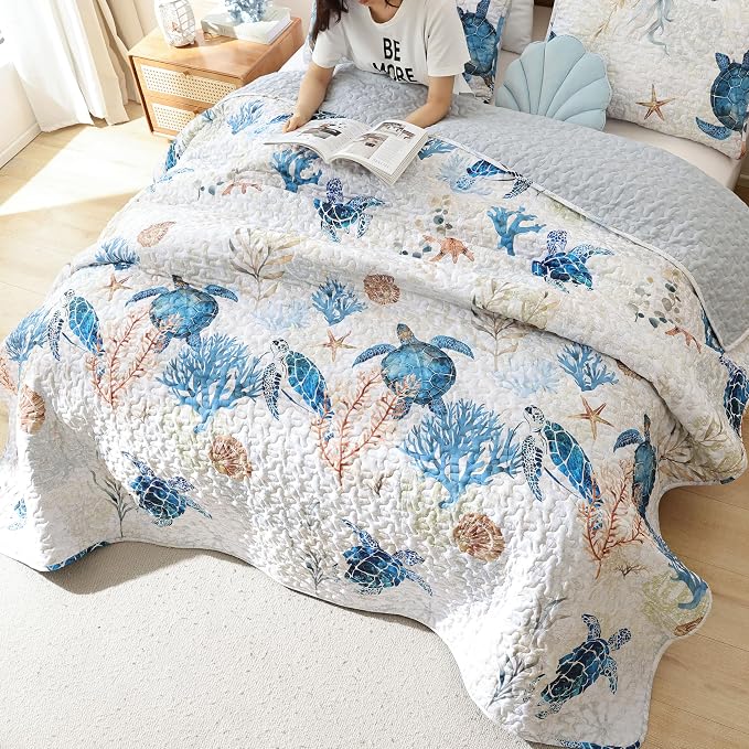 weigelia Coastal Quilt Twin Size, Sea Turtle Lightweight Summer Bedding | Sea - Image 3