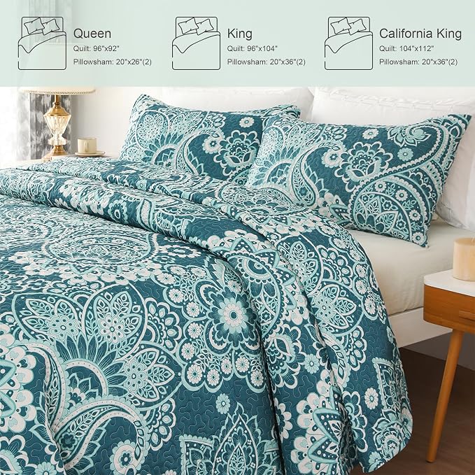 Whale Flotilla California King Size Quilt Set, Soft Boho Paisley Bedspreads | - Image 6