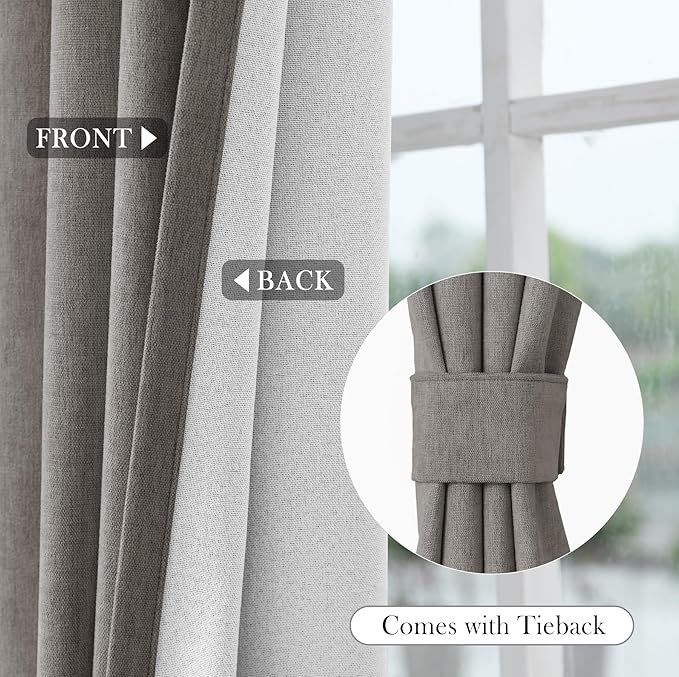 Macochico 100% Blackout Chenille Curtains for Sliding Door Thermal Insulated Noise Reducing Drapery for Living Room Bedroom Hotel, Grommet Curtains with Tieback, Stone Grey, 120" Wx96 L 1 Panel
