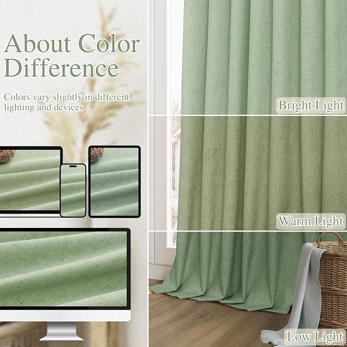 Light Sage 100% Blackout Linen Curtains 90 Inch Length 2 Panels Set - Image 7