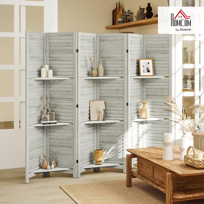 HOMCOM Room Divider with Shelves 6 Panel 67" Wood Screen Distressed White | 3 - Image 2