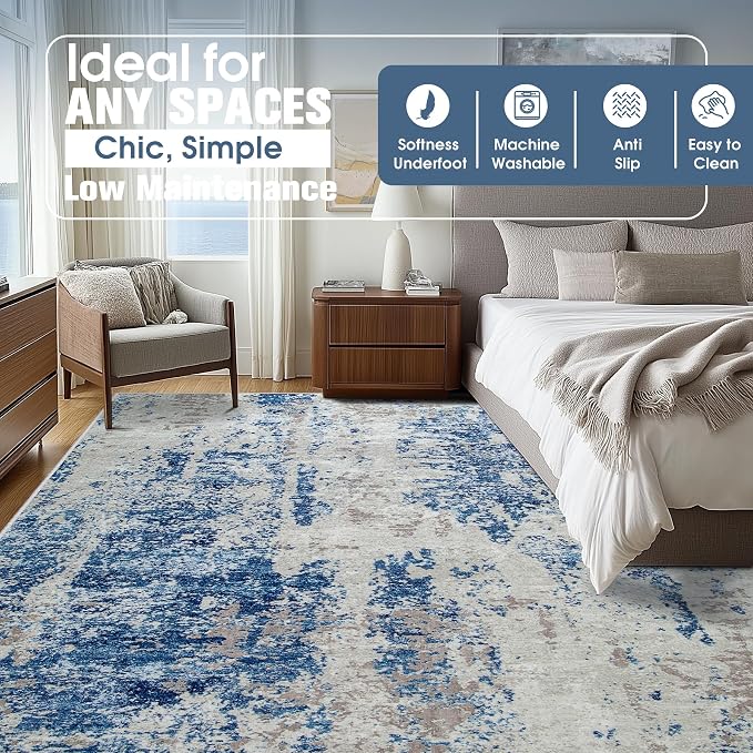 8x10 Area Rugs for Living Room Washable Bedroom Dining Room Blue Grey White | - Image 9