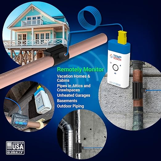SafeSense TempTouch WiFi Pipe Clamp Temperature & Humidity Sensor – Smart Thermometer for Plumbing, HVAC, Ambient Monitoring – App-Controlled Wireless Temp Sensor with Velcro Pipe Strap