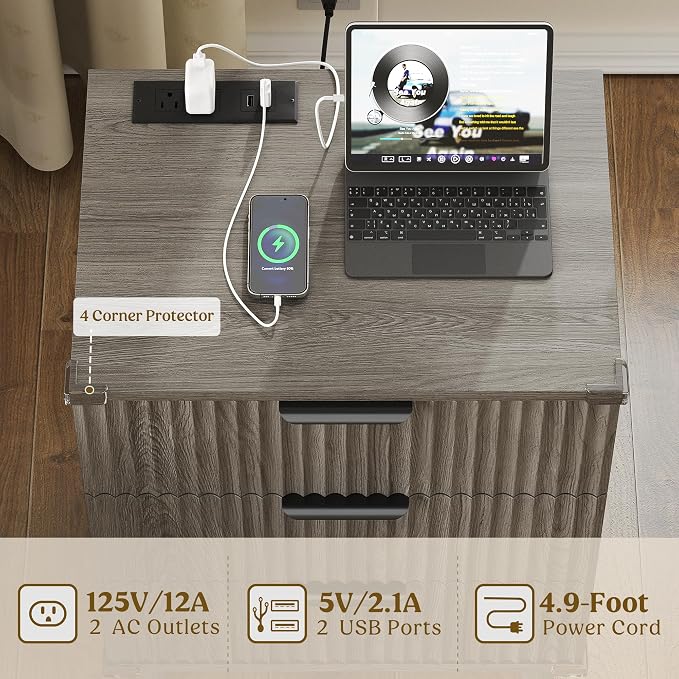 Wood Nightstands Set of 2 w/Charging Station, 3 Drawers Fluted Dresser | Dark - Image 4