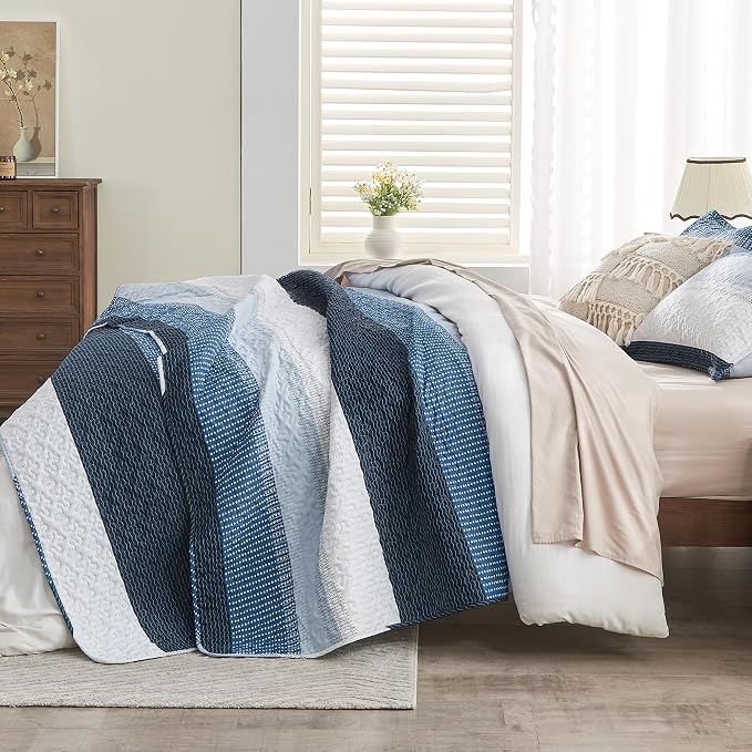 Queen Quilt Set Navy Blue, 3 Pieces Striped Bedspread | Ultra Soft Summer - Image 4