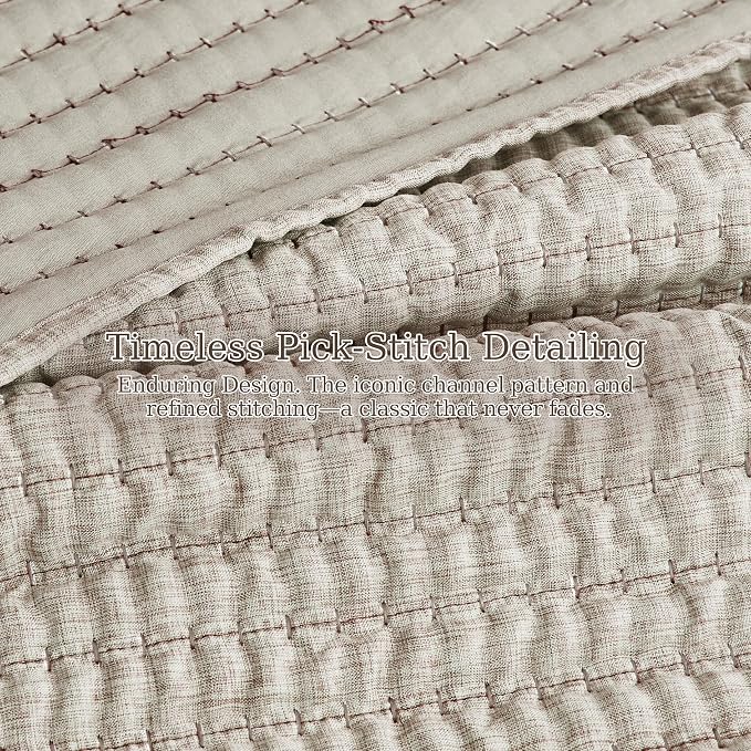 WDCOZY Taupe King Size Pick Stitch Quilt Set, 3 Pieces 104x90 inches | Striped - Image 7