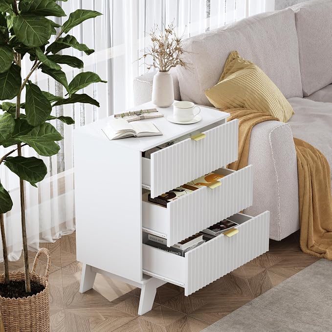 White Night Stand with 3 Drawers, Bedside Table & End Table, Farmhouse Night - Image 3