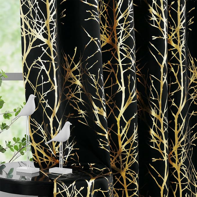FMFUNCTEX 100% Blackout Black Gold Foil Tree Curtains 96 Inch Long 2 Panels | by Fmfunctex