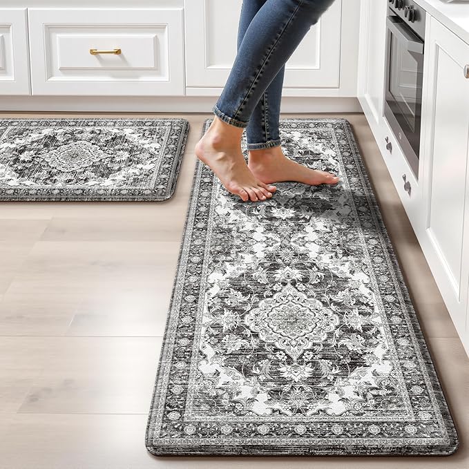 Boho Kitchen Mats for Floor 2 Piece Set Anti Fatigue Cushioned PVC Kitchen Rugs Non Slip Waterproof Farmhouse Mats 2/5 Inch Comfort Standing Mat for Sink, Laundry, Office, 17.3"x47"+17.3"x28", Grey