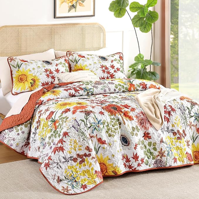Yiran Fall Floral Quilt Set Queen Size, Microfiber Coverlet - Image 2