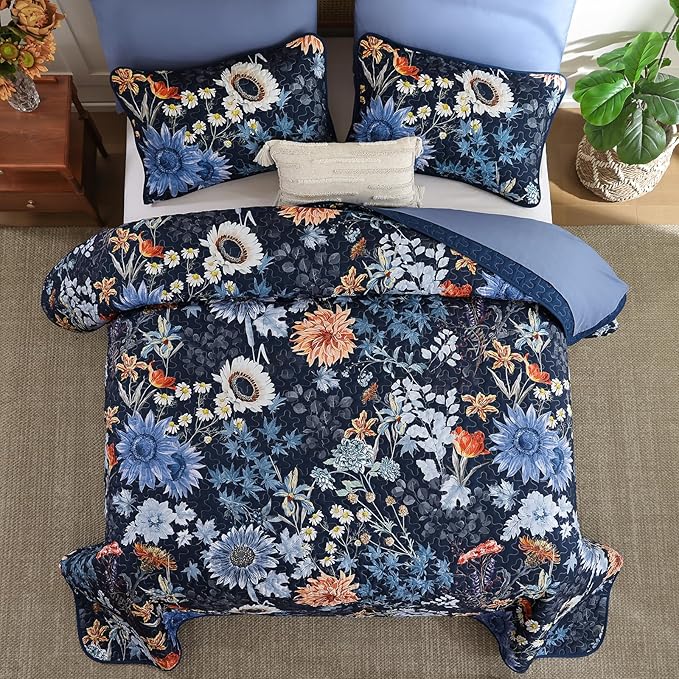 Yiran Navy Blue Sunflower Floral Quilt Set Queen Size | Botanical Bedspread - Image 4