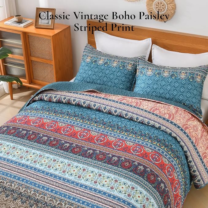Brown Green King Size Quilt Set, 3 Pieces Boho Striped Bedspread | Soft - Image 3