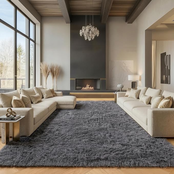 Grey Area Rugs 9x12 Living Room, Soft Plush Thick Shaggy Big Floor Carpet by ONASAR