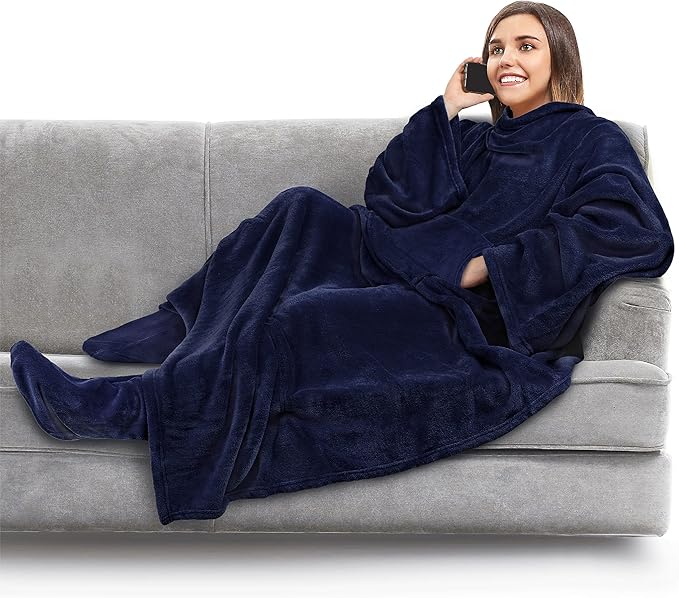 PAVILIA Fleece Blanket with Sleeves, Foot Pockets for Women Men Adults, Plush Wearable Blanket Throw Wrap, Warm Snuggle Blanket Robe, Cozy Gift Ideas Wife Mom, Navy Blue