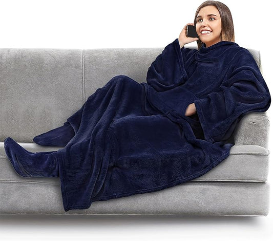 PAVILIA Fleece Blanket with Sleeves, Foot Pockets for Women Men Adults, Plush Wearable Blanket Throw Wrap, Warm Snuggle Blanket Robe, Cozy Gift Ideas Wife Mom, Navy Blue