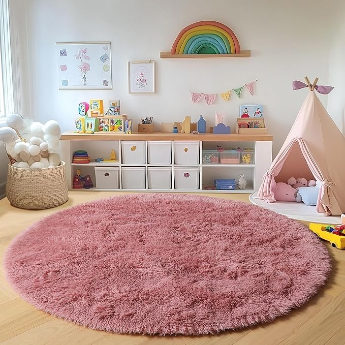 Blush Round Area Rugs 4ft for Bedroom Living Room, Fluffy Circle Rug for Kids - Image 4