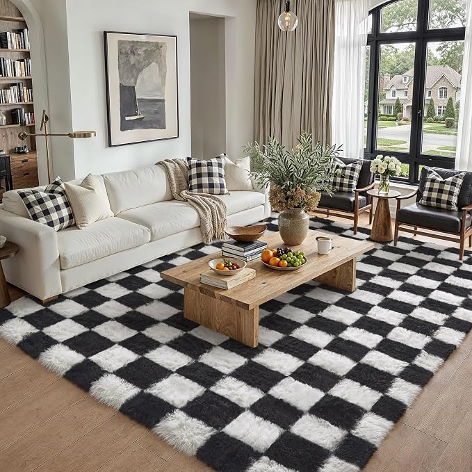 Checkered Rug 9x12 for Living Room Black and White Soft Shag Rugs | Machine - Image 3