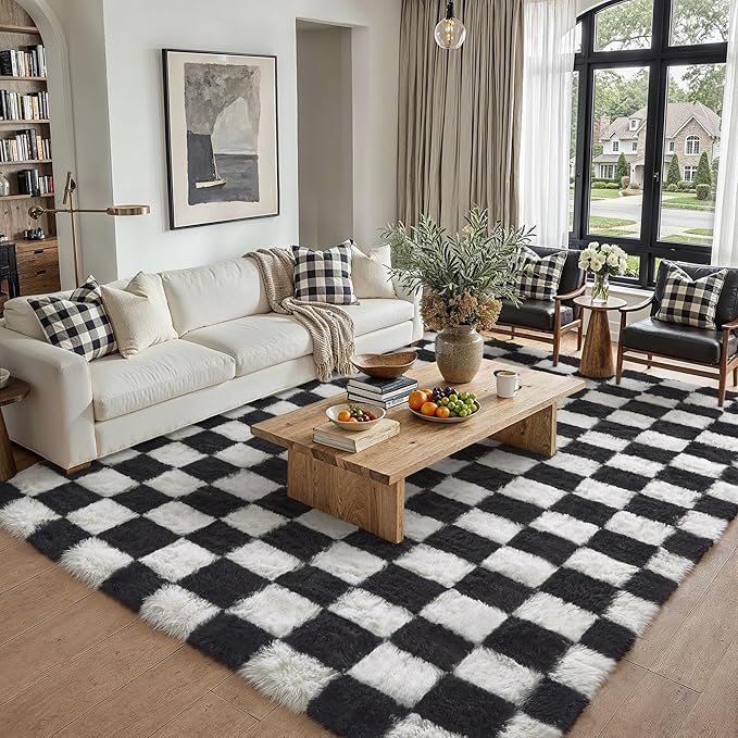 Checkered Rug 6x9 for Living Room Black and White Soft Shag Rugs | Machine by PureCozy