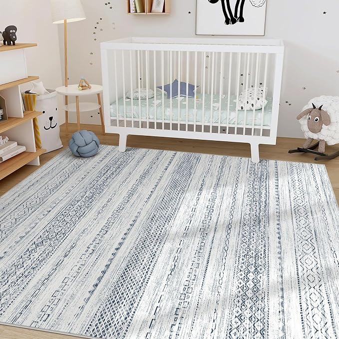 Nakagishi Boho 5x7 Area Rug Living Room Rugs Machine Washable White Blue | Soft - Image 3