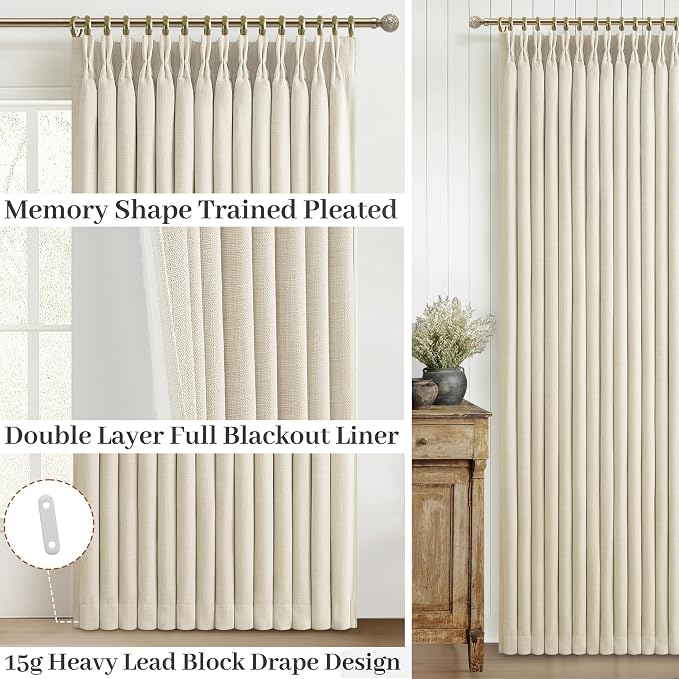 Cream Blackout Pleated Two Layer Linen Curtains 84 Inch Length - Image 2
