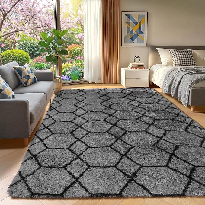 8x10 Area Rugs for Living Room, Fluffy Grey and Black Bedroom Rug, Geometric - Image 6