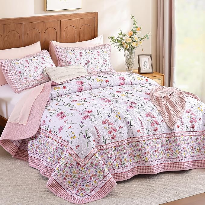 WONGS BEDDING Floral Quilt Set King, Microfiber Lightweight Farmhouse Bed Cover - Image 2