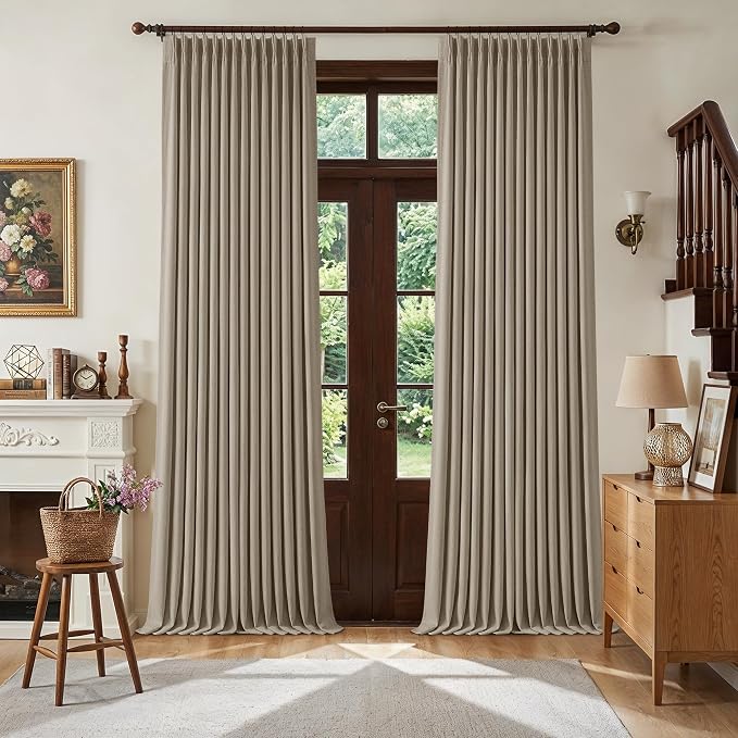 Deep Flax Linen Pinch Pleated 100% Blackout 92 Inch Curtains 2 Panels | Greige by Twodrapes