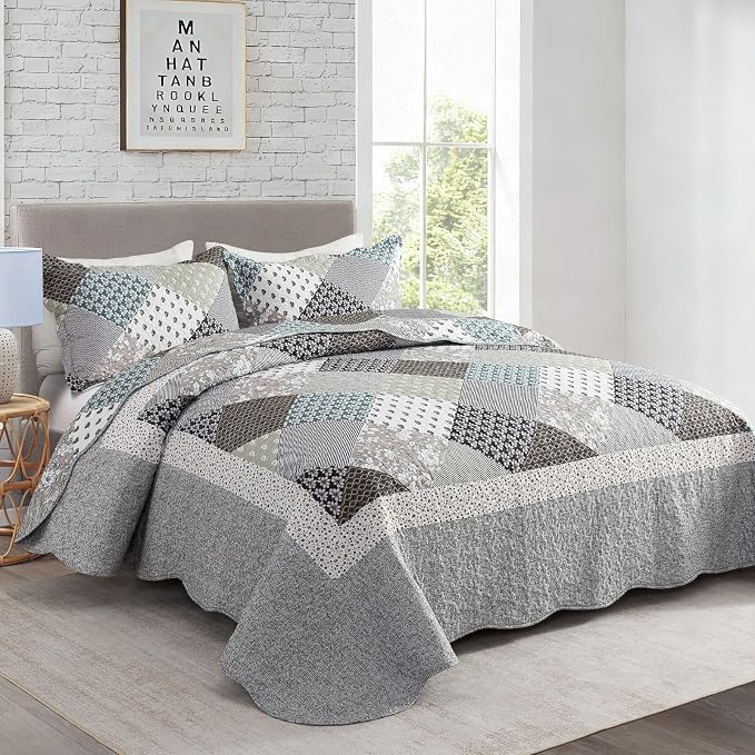 3-Piece Quilt Set Quilted Bedspread Garden Style Floral Printed Oversized - Image 2