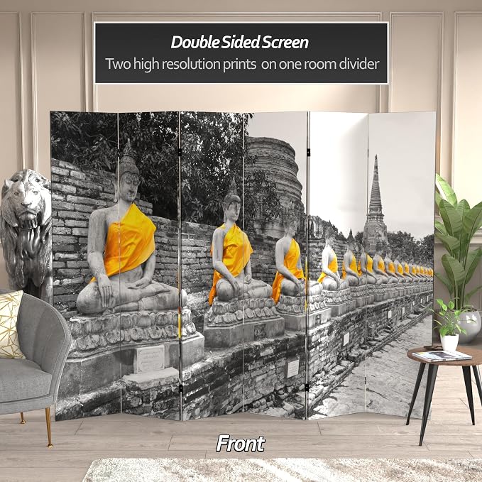 Red Lantern 6 ft. Tall Double Sided Golden Buddhas Room Divider 6 Panel - Image 2